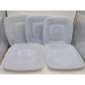 ANCHOR HOCKING BLUE DELPHITE SQUARE CHARM SAUCERS 5.5 " SET OF 5 VINTAGE